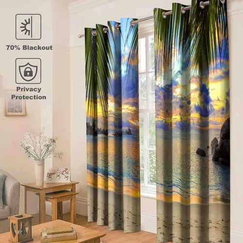 Miniatura 2 de Jekeno Cortinas opacas para oscurecer la habitación, con ojales, para ventana, atardecer, océano hawaiano, playa, tropical, palmera, decoración