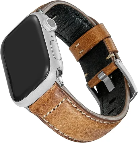 Miniatura 5 de Genuine Leather Watch Band Compatible with Apple Watch,Italian Cowhide,Retro Style,Silver Buckle,Golden Brown and Chestnut Brown,38/40/41mm and