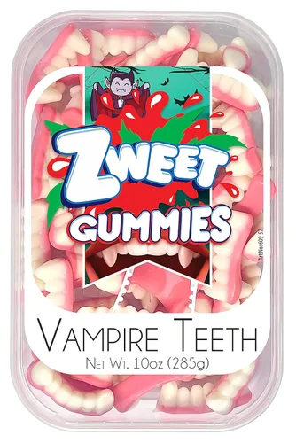 Zweet Gummy Candy - Caramelo masticable de dientes de vampiro, 10 onzas, caramelo kosher gomoso, caramelo halal, paquete resellable de caramelos de