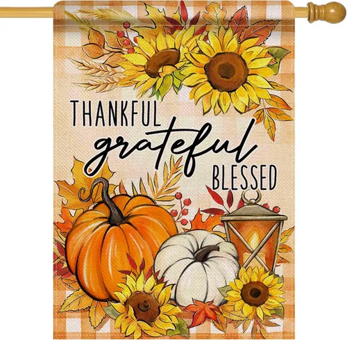 Artofy Bandera decorativa grande de Acción de Gracias Grateful Blessed para casa, otoño, calabaza, hojas de girasol, decoración exterior de jardín,