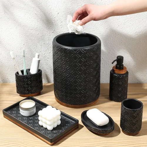 Miniatura 10 de RQYIXI - Juego de accesorios de baño de 4 piezas, soporte para cepillo de dientes, dispensador de jabón, decoración de baño de cerámica y madera