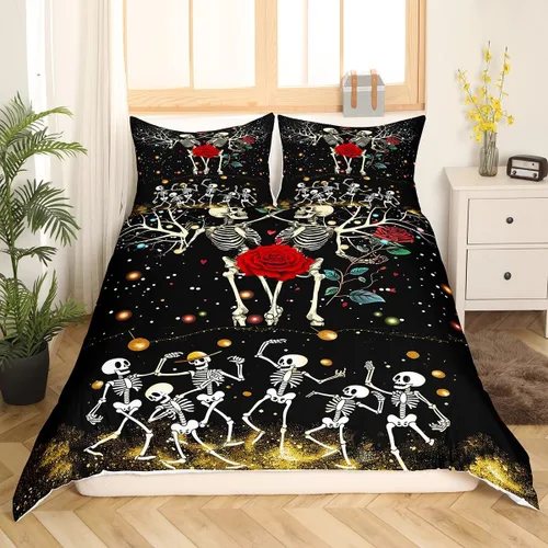Miniatura 3 de Juego de funda de edredón de esqueleto, tamaño individual, estampado de flores de esqueleto humano, juego de ropa de cama con temática de Halloween
