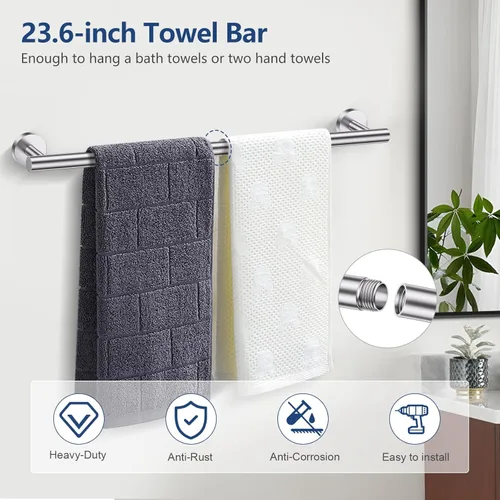 Miniatura 4 de TQKAG Juego de 5 piezas de accesorios de baño de níquel cepillado 23.6" SUS304 de acero inoxidable Juego de soporte de toalla de baño Soporte