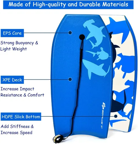 Miniatura 3 de Goplus Tabla de cuerpo ligera de 41/37/33 pulgadas para playa, tabla de surf con núcleo EPS, cubierta XPE, parte inferior lisa de HDPE, correa
