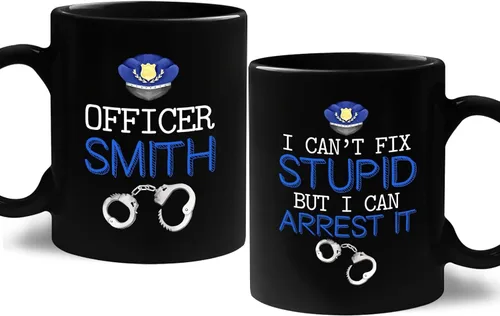 Miniatura 10 de Taza de café personalizada con nombre de la policía con nombre de la policía, con línea azul fina, 11 onzas y 15 onzas Taza negra de la bandera