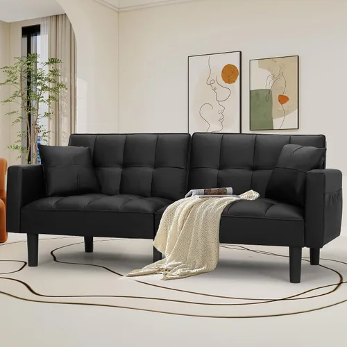 Miniatura 6 de AVAWING Sofá cama tipo futón, moderno tapizado de cuero con respaldo ajustable, brazos y patas de nailon de alta resistencia para sala de estar