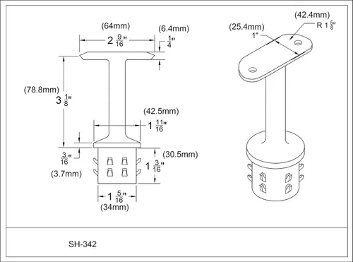 Miniatura 4 de Acero inoxidable 316 grado 1-5/8" OD poste montaje fijo 1-5/8" radio soporte barandilla apoyo, acabado satinado (SH-342)