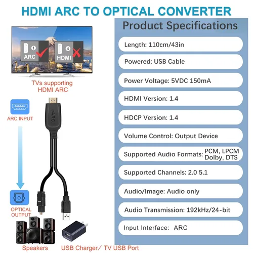 Miniatura 3 de Convertidor de audio HDMI ARC a óptico de 192 KHz para TV a barra de sonido, Plug & Play de 3.4 pies/3.4 ft ARC a cable óptico Adaptador