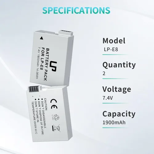 Miniatura 2 de LP Batería de repuesto E8, paquete de 2 baterías E8 de 1900 mAh para cámara digital Canon EOS Rebel T2i, T3i, T4i, T5i, EOS 550D, EOS 600D, EOS
