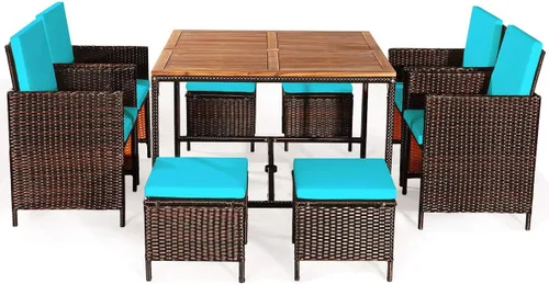 Miniatura 12 de HAPPYGRILL Juego de 9 piezas de comedor para patio al aire libre con asientos acolchados, mesa de comedor que ahorra espacio con mesa de madera