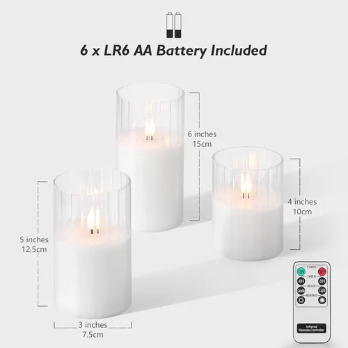 Miniatura 3 de Rhytsing Velas LED de vidrio acanalado transparente que funcionan con pilas con control remoto, juego de velas blancas sin llama con temporizador
