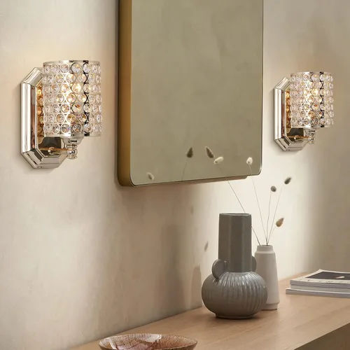 Miniatura 7 de Paquete de 2 lámparas de pared de cristal con acabado champán, lámpara de pared de estilo conciso moderno, pantalla de cristal poliédrico para baño