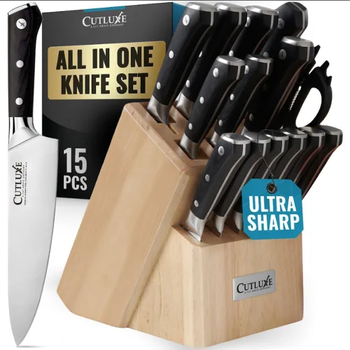 Cutluxe - Juego de 15 cuchillos – Bloque de madera de goma de caucho premium – Juego de cuchillos para cocina, acero inoxidable alemán de alto