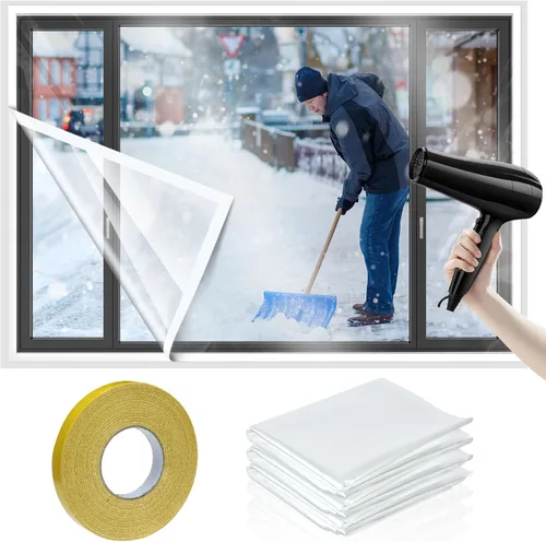 Miniatura 10 de Kit de aislamiento de ventana de 6 piezas de 47 x 63 pulgadas, película retráctil transparente cortable con cinta adhesiva de doble cara