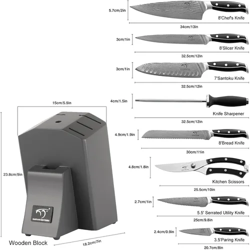 Miniatura 6 de Conjunto de cuchillos de cocina Damasco con bloque - Acero VG10 de 67 capas de afilado al ras, mangos con triple remache, cuchillos de chef, Gris