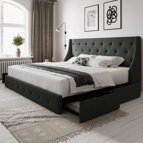 Allewie - Base de cama de tamaño completo con 4 cajones de almacenamiento y cabecera con respaldo, diseño acolchado con botones, no necesita somier,