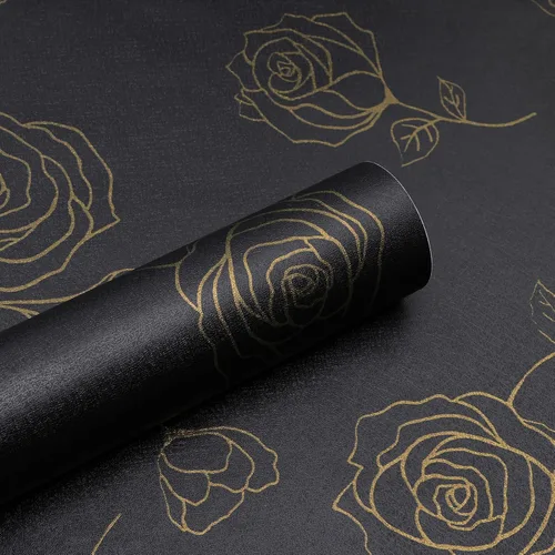 CAX Nourilife - Papel tapiz floral para despegar y pegar, papel tapiz negro y dorado, papel de contacto extraíble para armarios de pared, flores