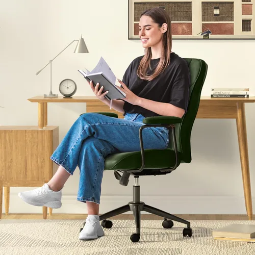 Miniatura 9 de Silla de escritorio de cuero verde Bananister con ruedas y brazos, altura ajustable, estilo vintage, moderno de mediados de siglo