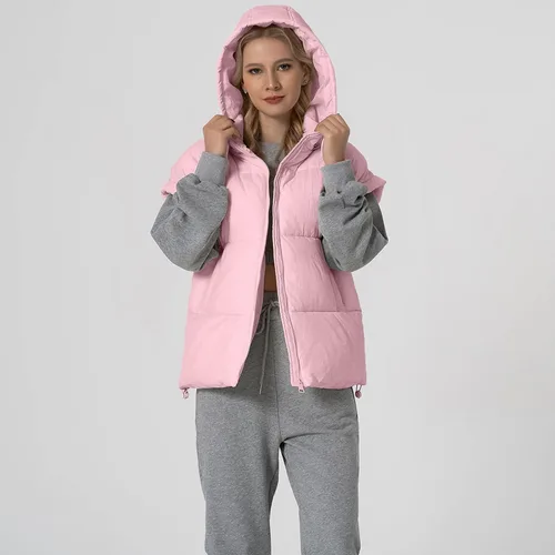 Miniatura 23 de Shiyifa Chaleco acolchado para mujer, chaqueta de gran tamaño, sin mangas, ligera, con cremallera, con capucha desmontable