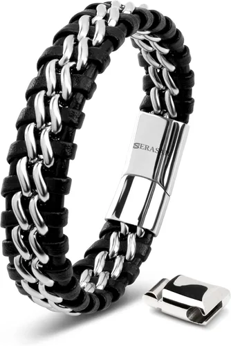 Miniatura 10 de SERASAR Pulsera de cuero genuino de primera calidad [acero] para hombre en negro Cierre magnético de acero inoxidable en negro, plata y oro