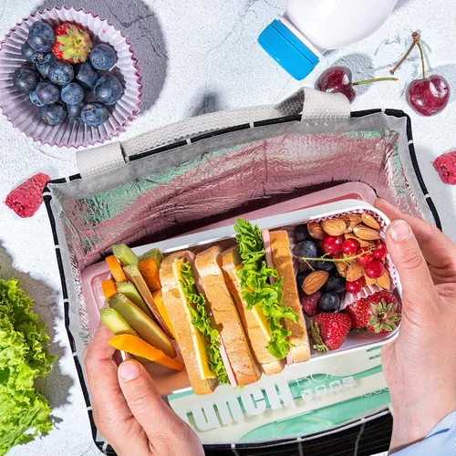 Miniatura 6 de Lonchera térmica para mujeres y hombres, bolsas reutilizables para el almuerzo para adultos para el trabajo o viajes (cuadros negros)