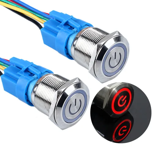 Miniatura 16 de 2 piezas de interruptor de botón de metal de cierre de 16 mm, 12V-24V, encendido/apagado, 1NO 1NC, impermeable, autoblocante, carcasa plateada