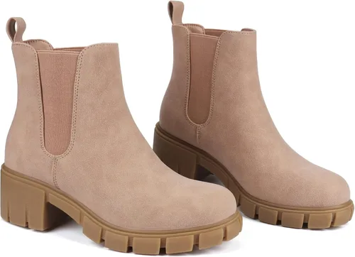 Miniatura 30 de starmerx Botines de plataforma para mujer, botas Chelsea elásticas, tacón medio, botines sin cordones