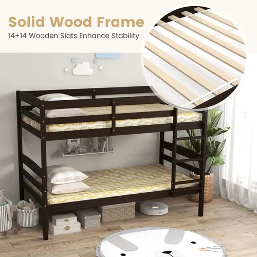 Miniatura 5 de KOMFOTT - Litera con tamaño doble sobre dos individuales, estructura de litera de madera con barandilla de longitud completa y escalera integrada