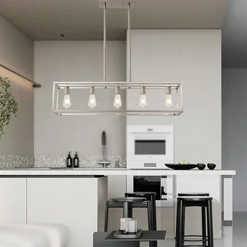 Miniatura 3 de 5 luces de isla de iluminación de níquel cepillado para comedor, lámpara colgante de granja moderna isla de cocina, iluminación lineal de granja