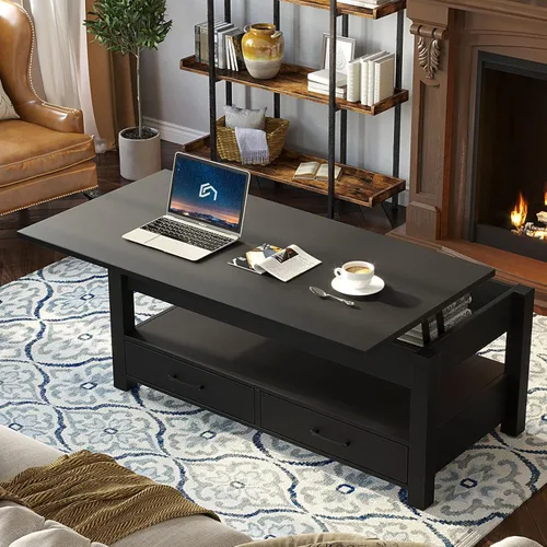 Miniatura 2 de Rolanstar - Mesa auxiliar, mesa de centro con cajones y compartimento oculto, mesa central retro con tablero de elevación de madera, para sala
