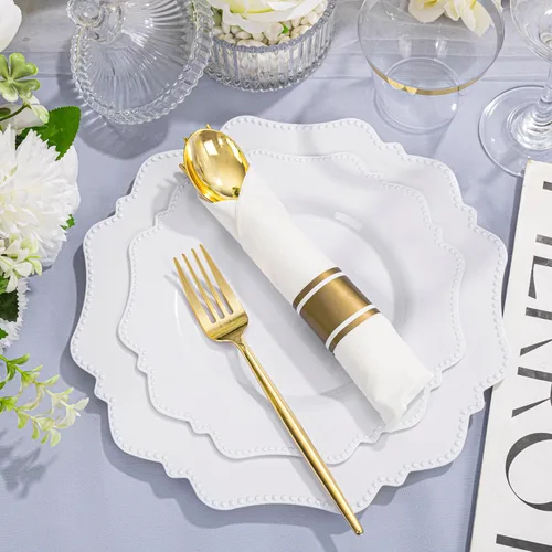 Miniatura 6 de COLOSUS Juego de cubiertos dorados desechables de 350 piezas de plástico blanco para fiesta: 50 platos de cena, 50 platos de postre, 50 servilletas