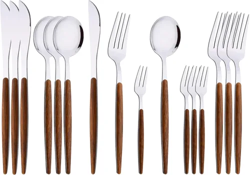 Miniatura 9 de Juego de cubiertos de 16 piezas con tenedor de pastel, juego de cubiertos de acero inoxidable dorado, juego de utensilios de comer con mango