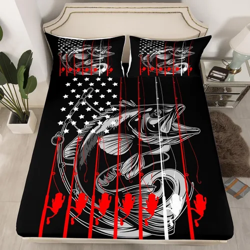 Feelyou Juego de sábanas de peces de lucio grande con bandera americana, sábana bajera ajustable para niños y niñas, ropa de cama de caza y pesca, 1
