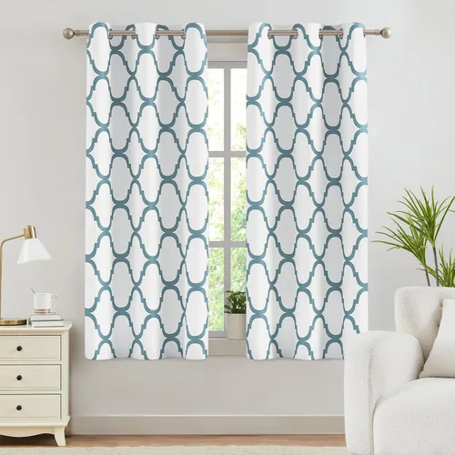 Miniatura 39 de Melodieux - Cortinas opacas estilo marroquí con aislamiento térmico y ojales para oscurecer sala de estar, 2 paneles. Blanco hueso/verde azulado