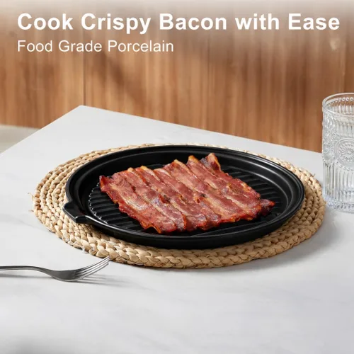 Miniatura 8 de ONEMORE Bandeja de tocino para microondas y tocino de cerámica, estante para cocinar al horno, máquina de tocino crujiente, plato redondo de tocino