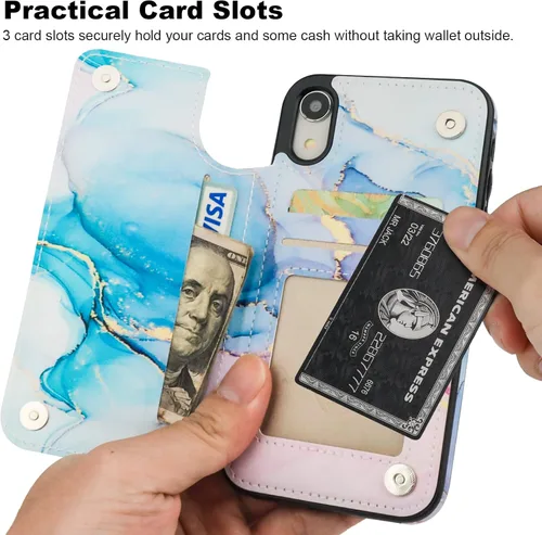 Miniatura 3 de HAOPINSH Funda tipo cartera para iPhone XR con tarjetero, diseño de mármol rosa y azul en la parte trasera, de piel sintética, con ranuras