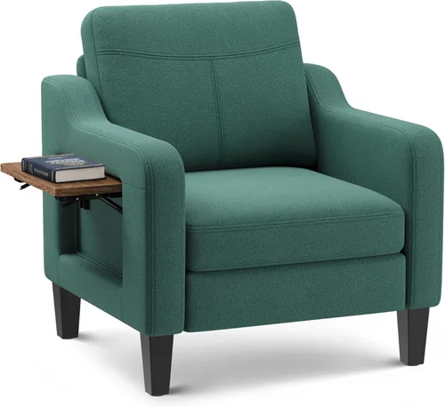 Miniatura 18 de Silla de acento para sala de estar, sillón moderno tapizado en lino, silla de sofá lateral de tela con estructura de madera con mesa plegable, 2