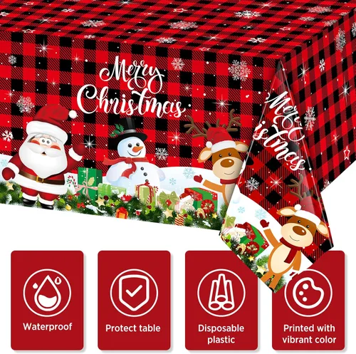 Miniatura 4 de Tiamon Paquete de 3 manteles de plástico para mesa de Navidad de 54 x 108 pulgadas para mesa rectangular, mantel desechable con diseño de muñeco