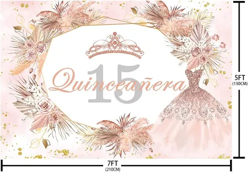 Miniatura 5 de Sendy Telón de fondo de quinceañera de 15 cumpleaños de 7 x 5 pies para niña dulce, bohemio, rosa dorado con purpurina Mis Quince Anos, decoración