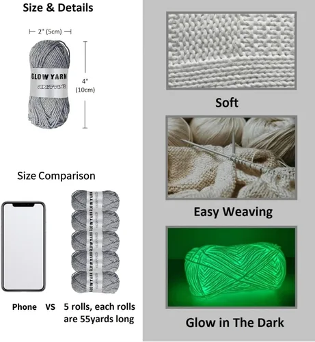Miniatura 2 de 5 rollos de hilo que brillan en la oscuridad, 55 yardas de hilo de ganchillo luminoso para tejer, suministros de costura para tejer manualidades Gris