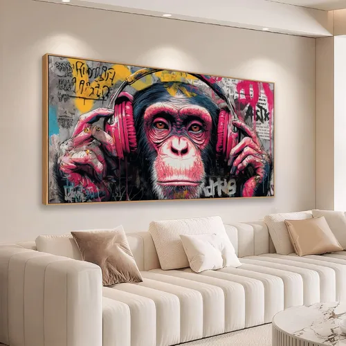 Sorbrozo DJ Gorilla Street Wall Art Print – Pintura en lienzo de graffiti colorida con auriculares, tema musical, decoración de pared para Rosa