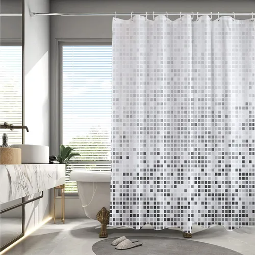 Miniatura 2 de Decoreagy Cortina de ducha gris y blanca, cortinas de ducha de baño negras degradadas, cortinas de baño de tela impermeable con 12 ganchos, 72 x 72