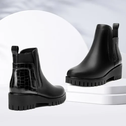 Miniatura 7 de CentroPoint Botas de tobillo Chelsea con plataforma de moda para mujer, suela de lengüeta, botas de combate, punta redonda, zapatos de invierno