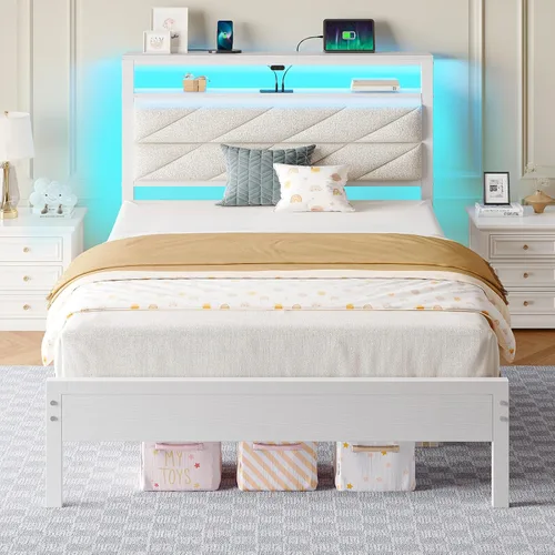 Miniatura 13 de Seventable Base de cama tamaño Queen con estación de carga, cama LED con cabecera de almacenamiento tapizada, cama de plataforma de metal con Gris