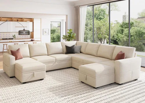 Miniatura 6 de HONBAY Sofá seccional modular con cama extraíble, sofá cama con forma de U extraíble con secciones de almacenamiento para sala de estar - Beige