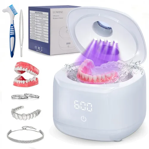 Limpiador ultrasónico de retención – 49 kHz limpiador de dentaduras para protectores bucales, retenedores, alineadores, joyas – 7.4 fl oz de acero
