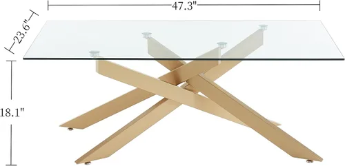 Miniatura 2 de Mesa de café dorada para sala de estar, mesa de café moderna de vidrio con tapa de vidrio templado de 47" y patas metálicas tubulares para espacios