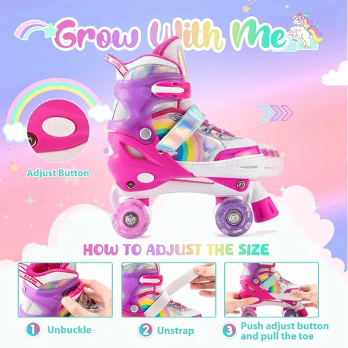 Miniatura 3 de SULIFEEL Rainbow Unicorn - Patines ajustables de 4 tamaños para niñas y niños de 3-5, 5-8, 6-12 años, patines para interiores y exteriores F rosado
