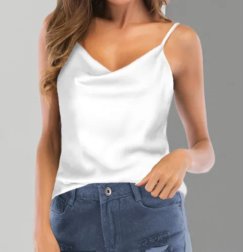 Miniatura 7 de Camisola de Satén de Seda para Mujer con Cuello Drapeado, Blusa Sin Mangas Tipo Camiseta Básica Sedosa