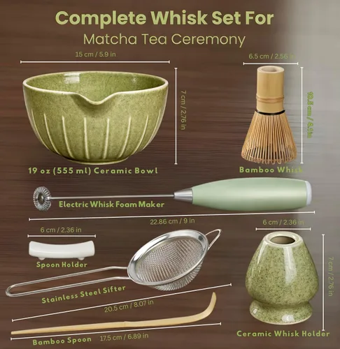 Miniatura 3 de Juego de batidor Matcha con tazón Matcha - Juego de Matcha incluye espumador eléctrico, batidor de bambú, cuchara Matcha, soporte de bambú, colador
